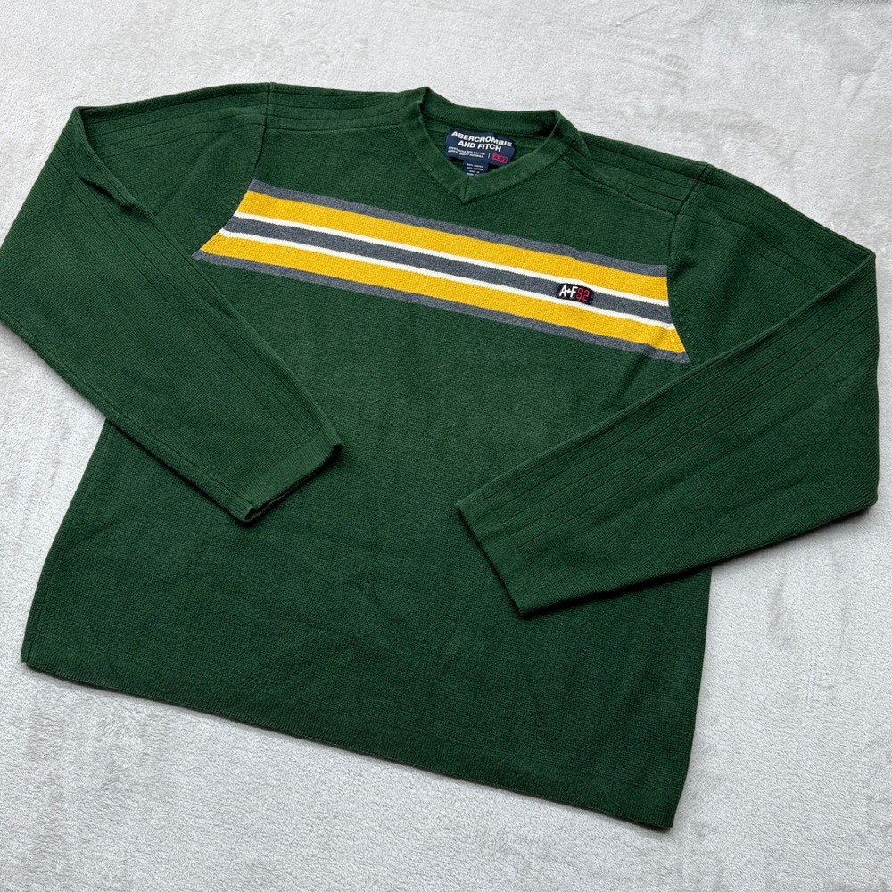 VTG Abercrombie and Fitch Sweater Mens XL Green Striped V-Neck Cotton Blend Y2K